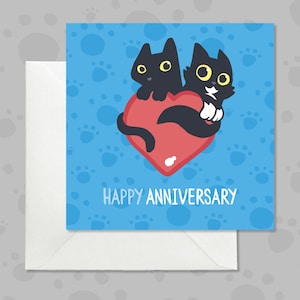 Happy Anniversary card with black cats, Cute black cats with large red loveheart Anniversary card, Celebratory card with cat illustrations