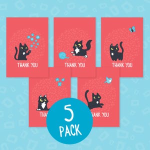 May include: Five thank you cards with a black cat illustration on each card. The cards have a red background with a white polka dot pattern. The text "Thank You" is printed on each card.
