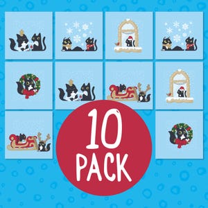10 ijsblauwe kattenkerstkaarten, tien kerstkaarten met zwarte katten, grappige kerstkaarten met zwarte katten, kerstkaarten voor kattenliefhebbers
