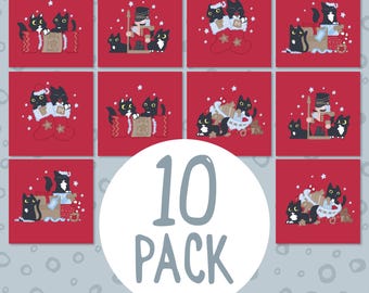 Festive Black Cat Christmas Cards, Bright Holiday Set of 10
