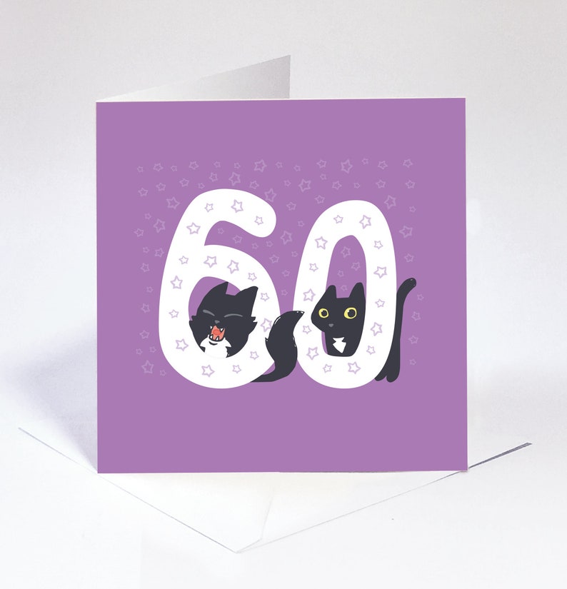 60th Cat Birthday card purple cat card bright 60th card | Etsy