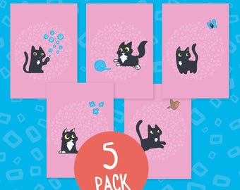 Black Cat Note Card Set, Pink Thank You Cards, Cat Lover Gift