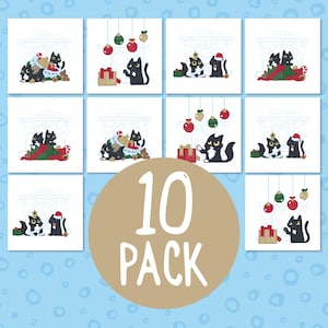 10 grappige kerstkaarten zwarte kat, multipack van 10 kerstkaarten zwarte kat, set lieve kerstkaarten, kerstkaarten voor kattenliefhebbers