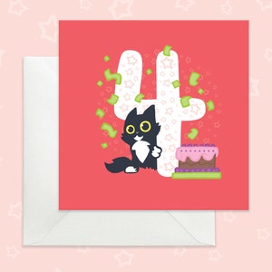 4th Birthday card with fluffy black and white cat, Cute fourth birthday card with playful tuxedo cat, Bright red 4th birthday kids' card