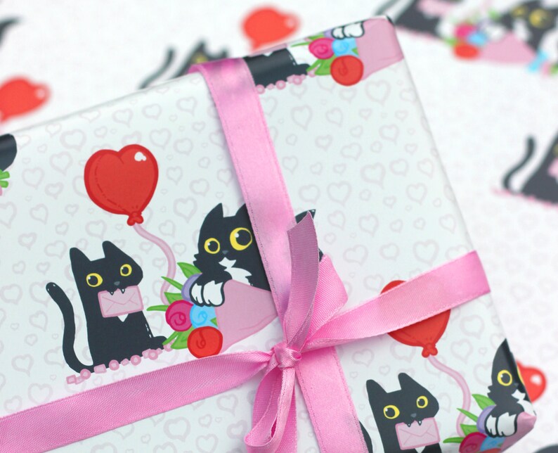 Cat and Hearts Wrapping Paper Cute Black Cats Gift Wrap Cat Etsy