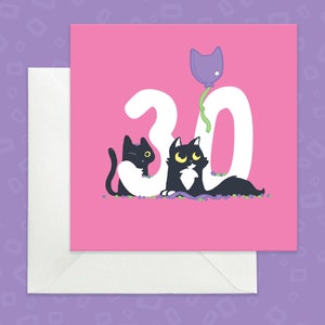 Carte des 30 ans de chats noirs, carte rose fuchsia élégante pour les 30 ans, carte des 30 ans de chats noirs, carte d'anniversaire avec des chats noirs, carte pour amoureux des chats