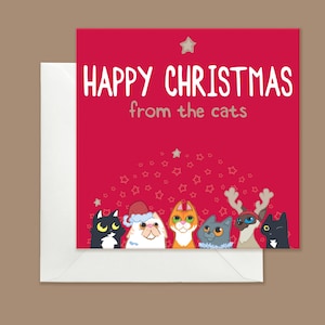 Carte Joyeux Noël de la part des chats, carte de vœux rouge vif, carte de Noël festive des chats, carte de Noël amusante de chat noir
