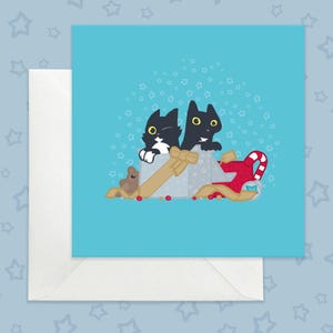 Carte de Noël drôle de chats noirs, carte de boîtes-cadeaux pour les amoureux des chats, carte de Noël chat noir kawaii et chat smoking, colorée et amusante