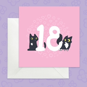 Carte d'anniversaire 18e avec chat noir, carte d'anniversaire chat 18e anniversaire, carte 18e anniversaire chat noir, carte 18e anniversaire chat rose mignon