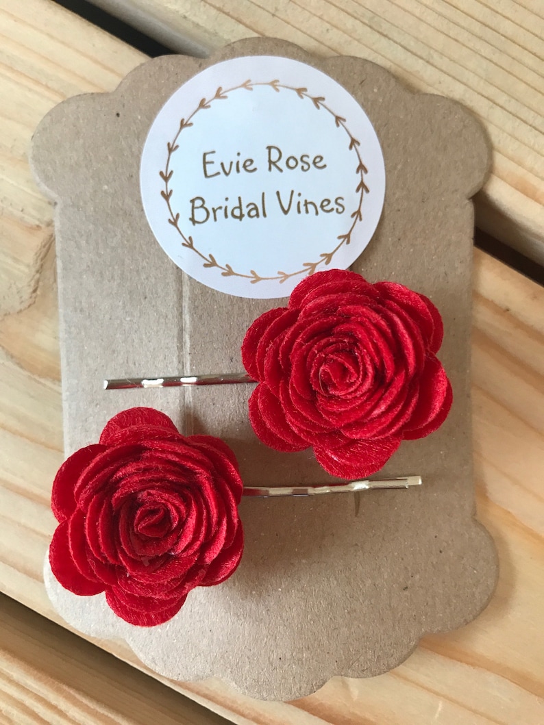 Beautiful Pair of Red Felt Rose Hair Bows Clips Wedding Flower Girl Bridesmaid Party Accessory