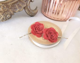 Beautiful Pair of Red Felt Rose Hair Bows Clips Wedding Flower Girl Bridesmaid Party Accessory