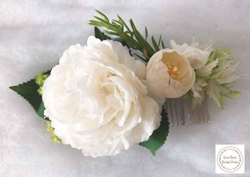 rosemary and Rose leaf wedding hair accessory comb Beautiful white vintage boho floral flower Peony Rose bridal hair comb with gypso