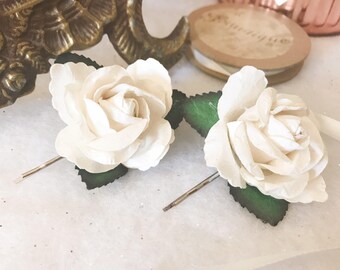 Set of Two Medium Cream Ivory Vintage Tea Rose Bridal Hair Pin Wedding Hair Accessory Boho flower girl festival