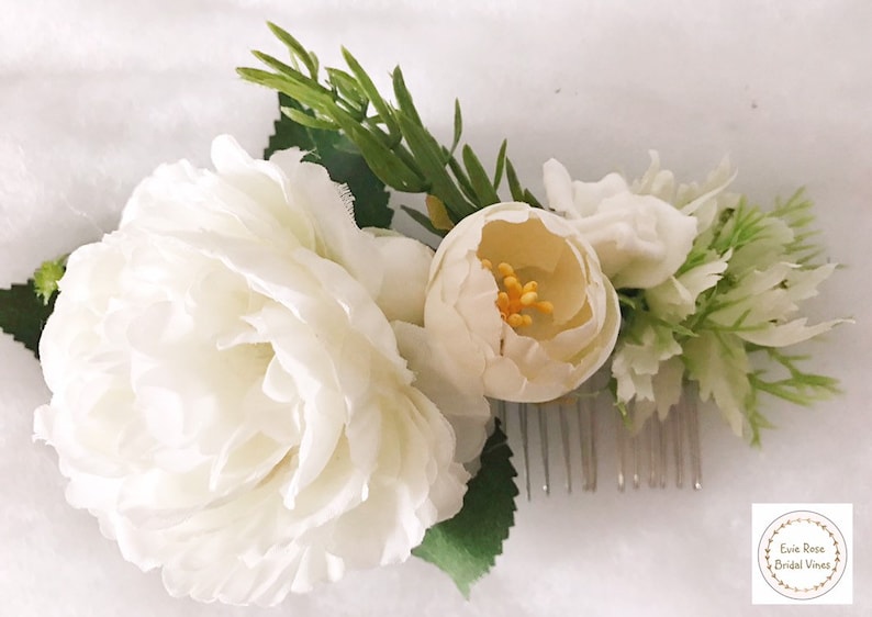 rosemary and Rose leaf wedding hair accessory comb Beautiful white vintage boho floral flower Peony Rose bridal hair comb with gypso