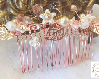 Pretty rose gold and Swarovski crystal, czech glass flower and freshwater pearl bridal hair comb wedding bridesmaids hair accessory