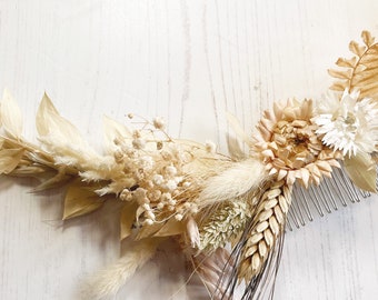 Rustic natural mixed dried flower floral bridal bride wedding hair piece comb vintage floral pampas Gypso