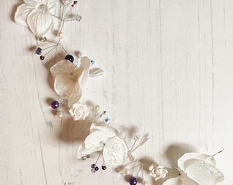 White hydrangea floral Swarovski crystal and pearl bridal hair vine bridesmaids hair accessory wedding hair with purple crystals