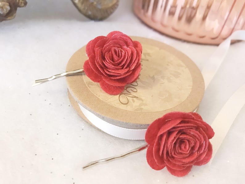 Beautiful Pair of Red Felt Rose Hair Bows Clips Wedding Flower Girl Bridesmaid Party Accessory