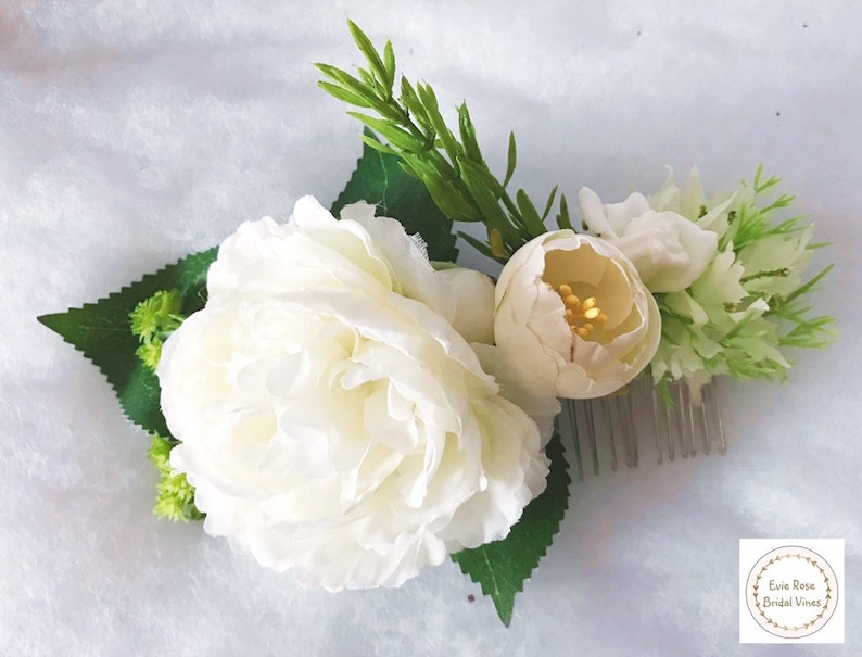 rosemary and Rose leaf wedding hair accessory comb Beautiful white vintage boho floral flower Peony Rose bridal hair comb with gypso