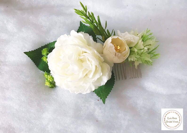 rosemary and Rose leaf wedding hair accessory comb Beautiful white vintage boho floral flower Peony Rose bridal hair comb with gypso