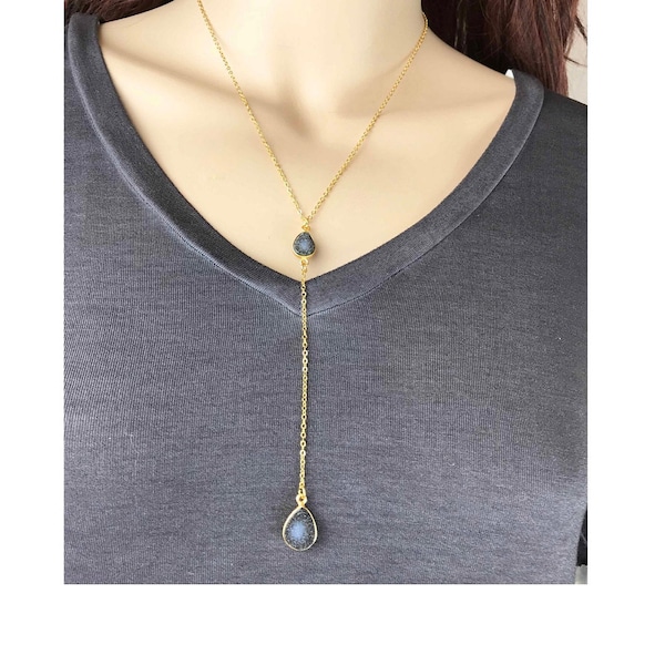 Blue grey druzy lariat goldfill necklace, Druzy necklace, Druzy Lariat necklace, Druzy pendant, Druzy Y Necklace, Druzy jewelry, Layering