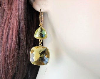 Lemon quartz and bicolor lemon quartz Earrings, Unique gold quartz earrings, Rich Earrings, Elegant Earrings, Special Event Earrings