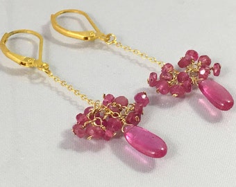 Ruby Cluster Earrings, Ruby Earrings, July Birthstone Earrings, Pink Earrings, Long Earrings, Ruby Dangles, Goldfill Ruby Cluster earrings