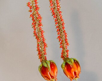 Coral Earrings, Coal Jewelry, Coral Cluster earrings, Coral cluster blown glass earrings, Glass Flower earrings,