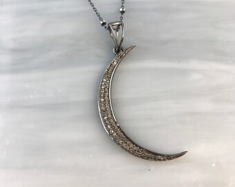 Diamond Pendant, Diamond Jewelry, Diamond Necklace, Diamond Crescent Moon  Pendant, Diamond Sterling Silver Necklace, April Birthstone