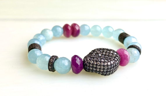 Aquamarine Ruby Topaz Bracelet, Pink and Blue Bracelet, Aquamarine