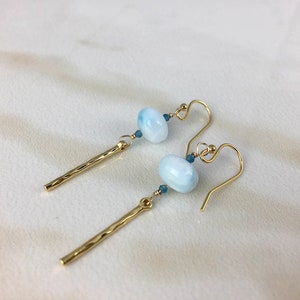 Larimar Earrings, Larimar Spike Earrings, Designer Earrings, Unique Earrings, Larimar and blue apatite goldfill Twigs drop earrings