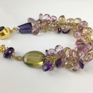Bracciale con più pietre preziose, bracciale con topazio, bracciale con ametista e topazio, bracciale in argento dorato,