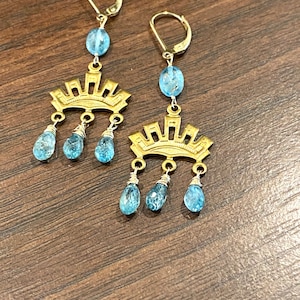 Blue zircon Art Deco chandelier earrings, chandelier earrings, gemstone chandeliers, art nouveau earrings, blue gemstone earrings, signature