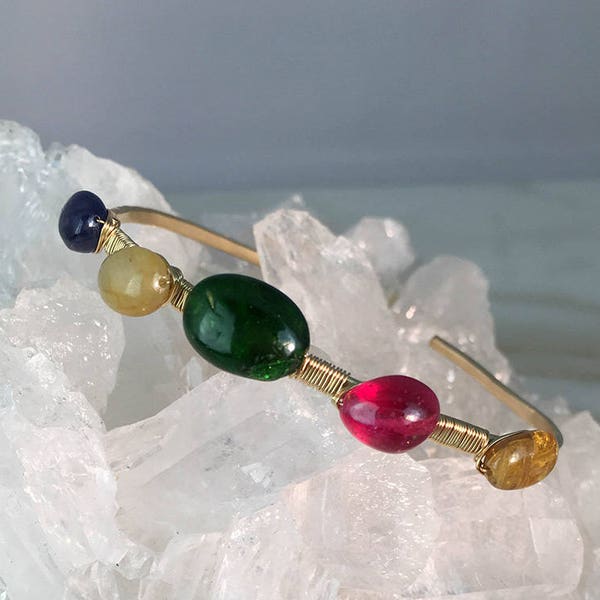 Multi gemstone Bracelet Cuff , Emerald, Ruby, Sapphire Baracelet cuff, Gemstone bangle