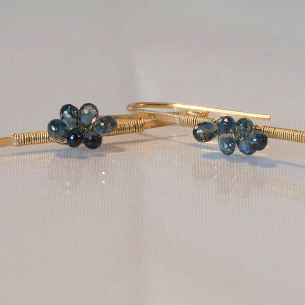 14K Goldfill Gemstone Cluster Linears, Blue Earrings, Blue Sapphire Earrings