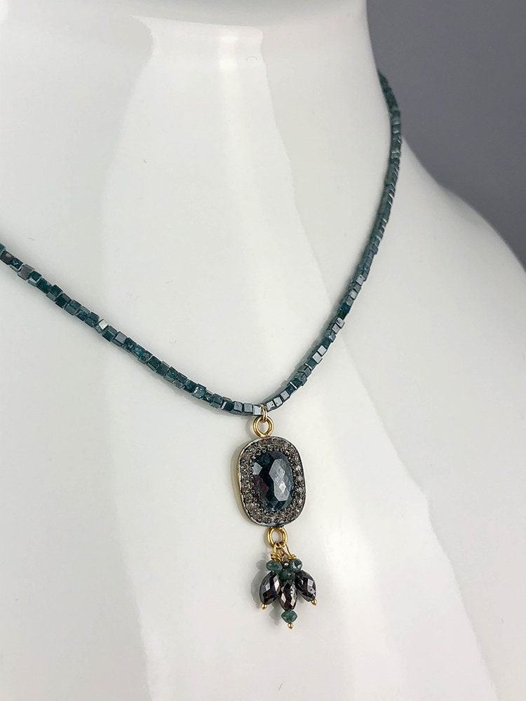 Blue and Black Diamond 22K Solid Gold Designer Necklace - Etsy