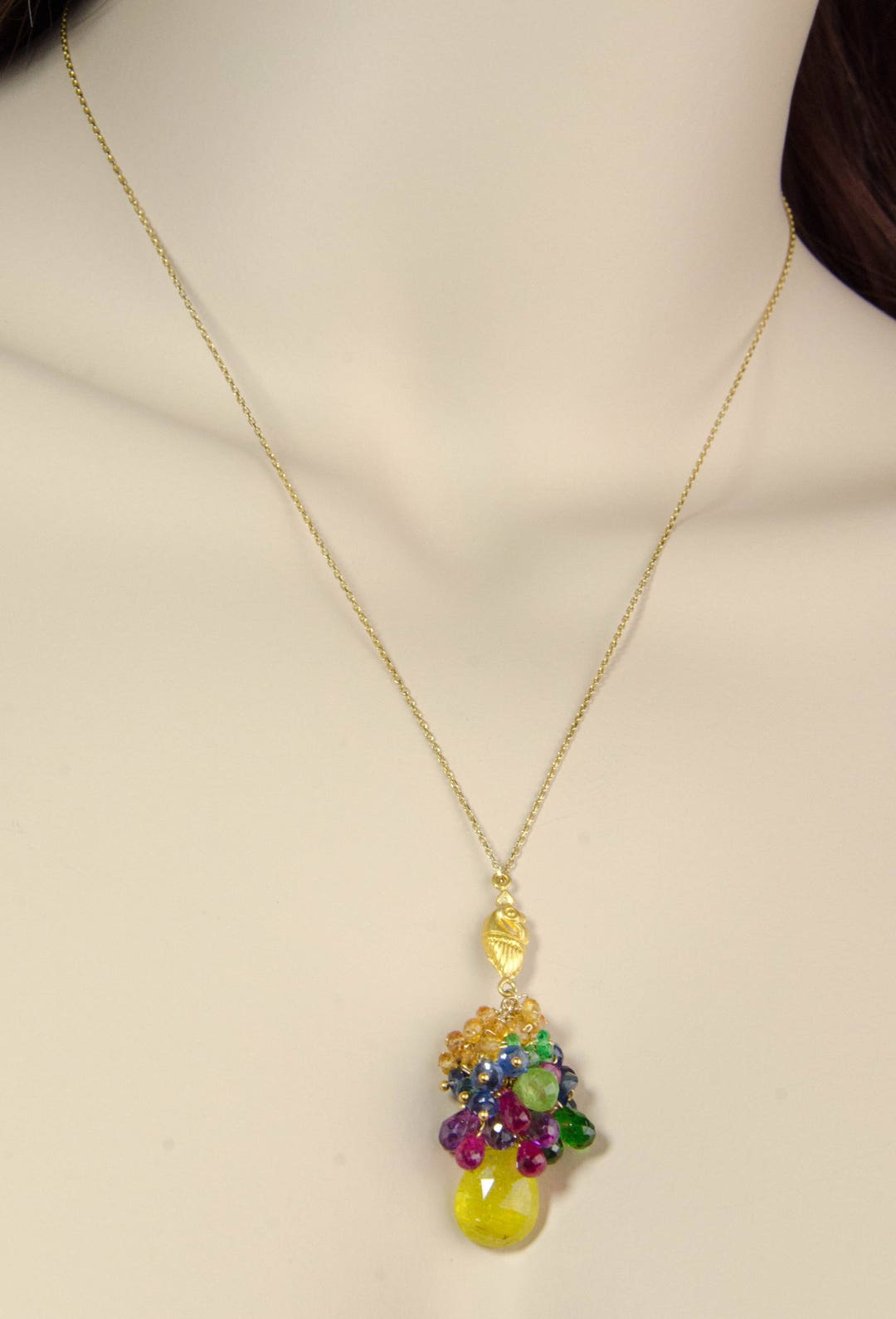 22k Solid Gold Gemstone Cluster Necklace With Tourmaline Focal Stone - Etsy