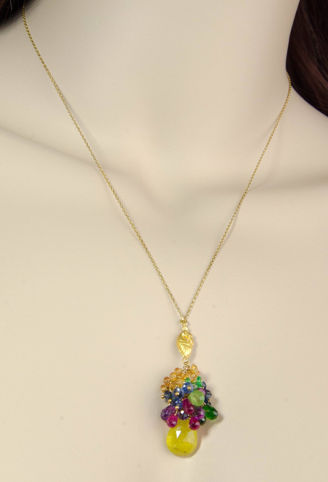 22k Solid Gold Gemstone Cluster Necklace With Tourmaline Focal Etsy