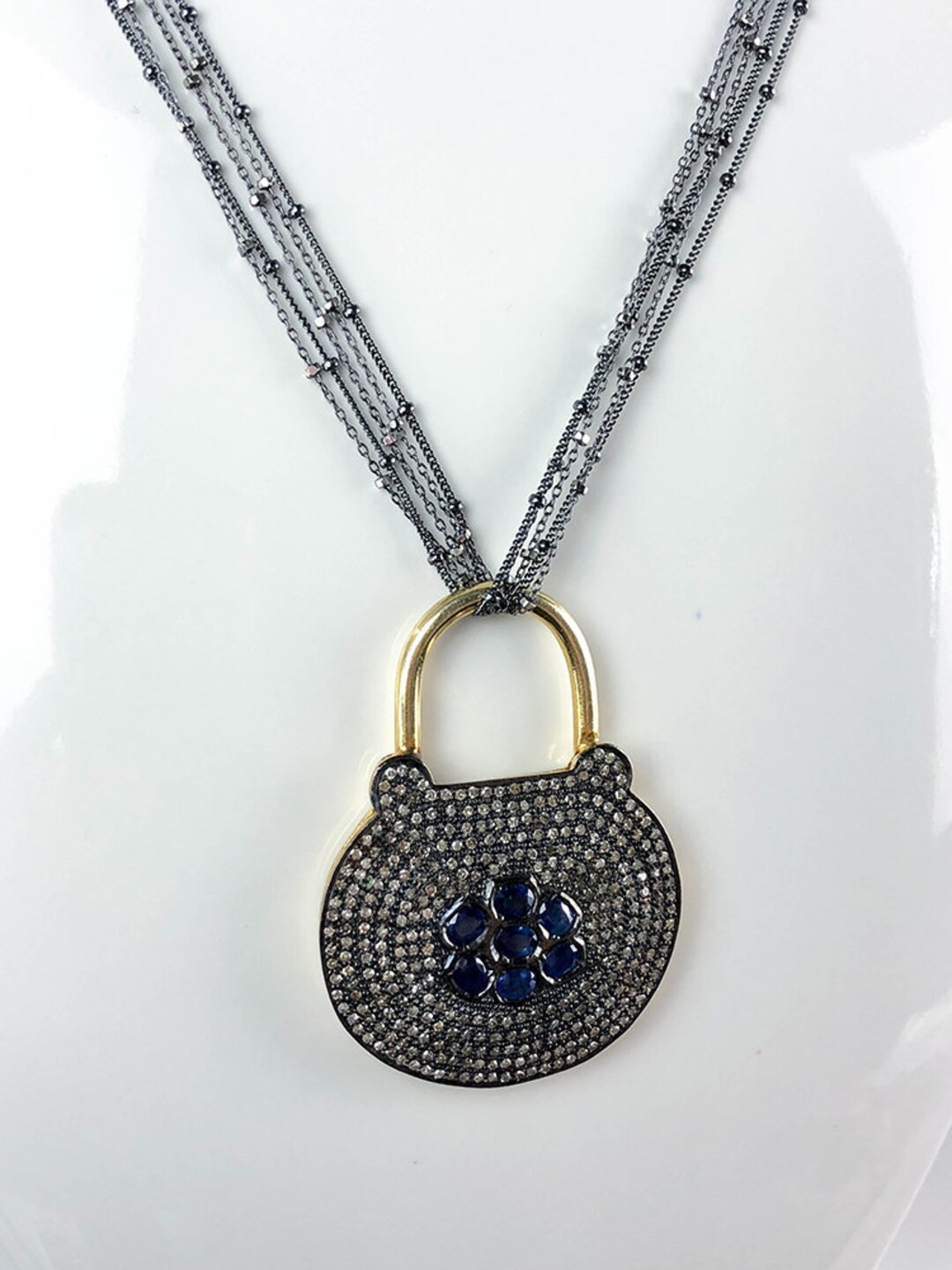 Black Silver and Blue Diamonds Lock Necklace