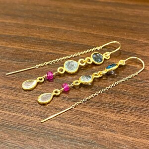 Ruby topaz threaders, topaz threaders, unique threaders, signature threaders, pink blue topaz threaders, long earrings, threaders, unique