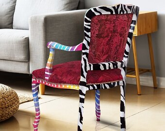 handgeschilderde stoel, kunstobject, uniek stuk, goed humeur regenboog &zebra stoel, meubels