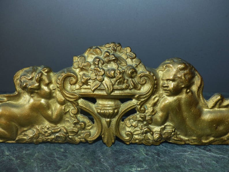 Gilt bronze furniture hardware Antique French bronze pediment Ormolu furniture pediment trim embellishment Cherubs with flowers