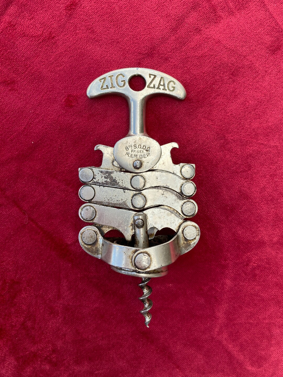 Zig Zag Corkscrew and Bottle Opener. Vintage French Concertina