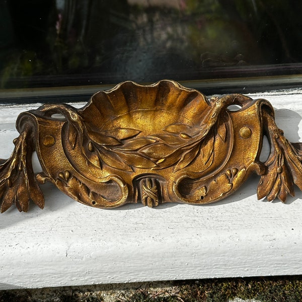 French bronze pediment - Antique French bronze furniture pediment - laurel and scallop shell design - 15 3/4 inches