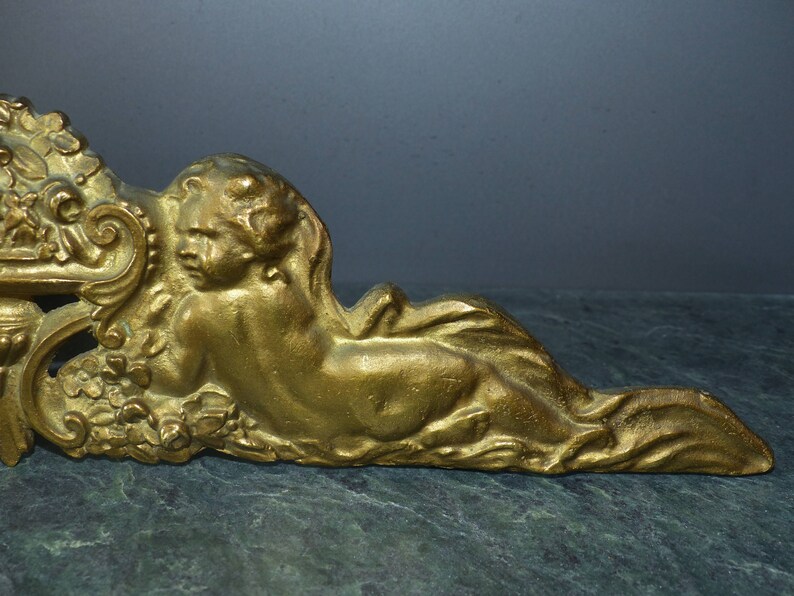 Gilt bronze furniture hardware Antique French bronze pediment Ormolu furniture pediment trim embellishment Cherubs with flowers