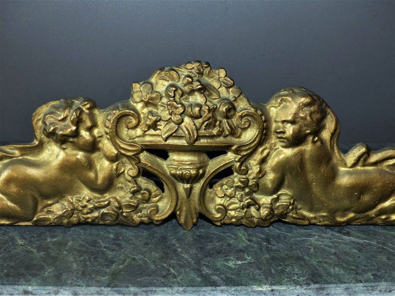 Gilt bronze furniture hardware Antique French bronze pediment Ormolu furniture pediment trim embellishment Cherubs with flowers