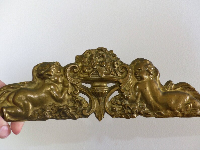 Gilt bronze furniture hardware Antique French bronze pediment Ormolu furniture pediment trim embellishment Cherubs with flowers