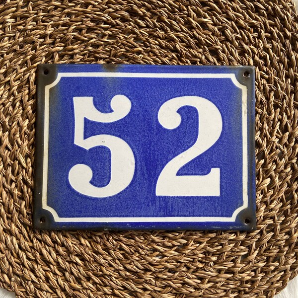LARGE French enamel house number 52 - Shabby chic French metal house no 52 - French Blue and White enamel house number plaque
