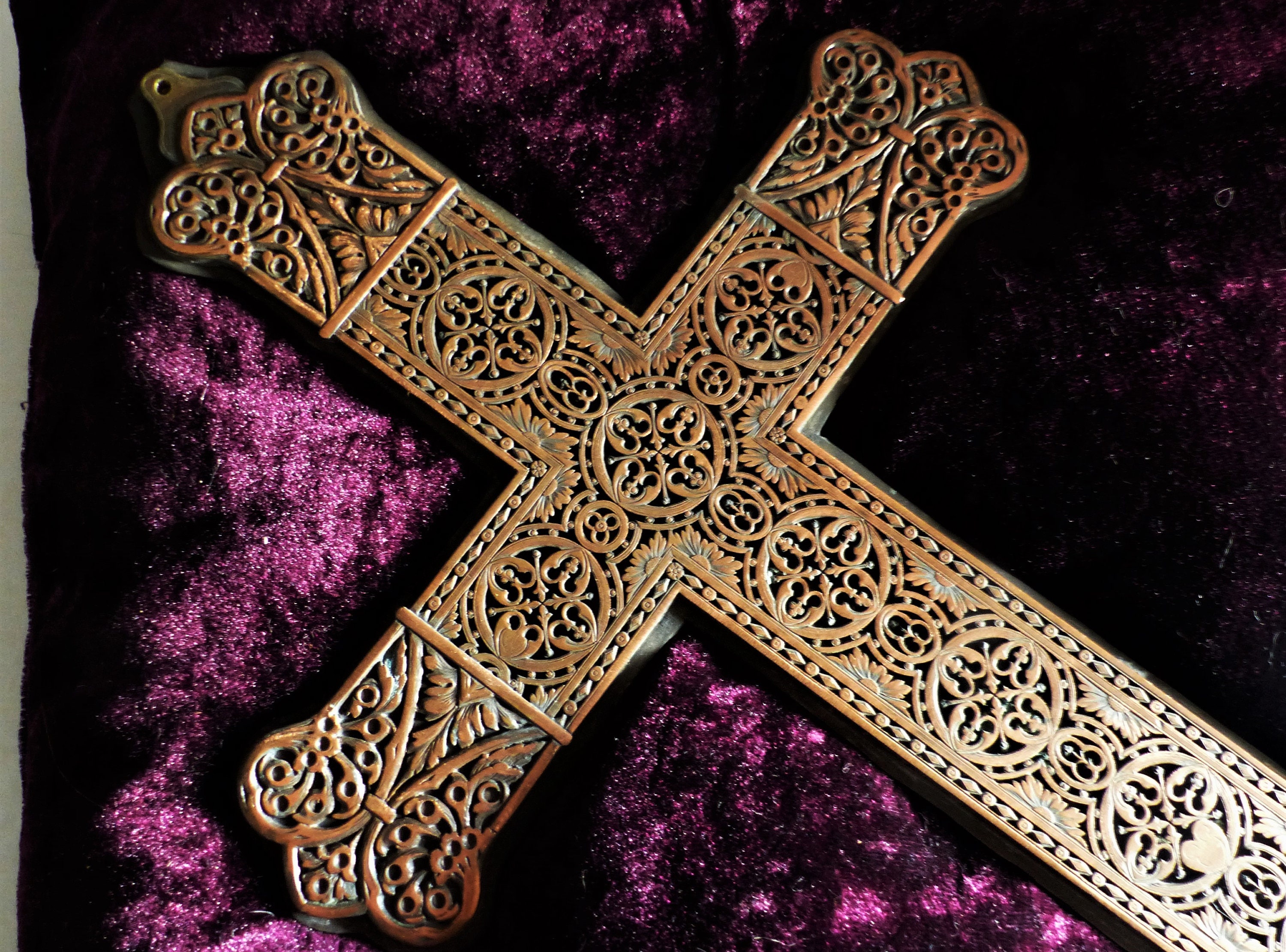 Grande Croix de Français Antique - Rare Bloc d'impression en Cuivre et Laiton Pour La Bible, Chasubl