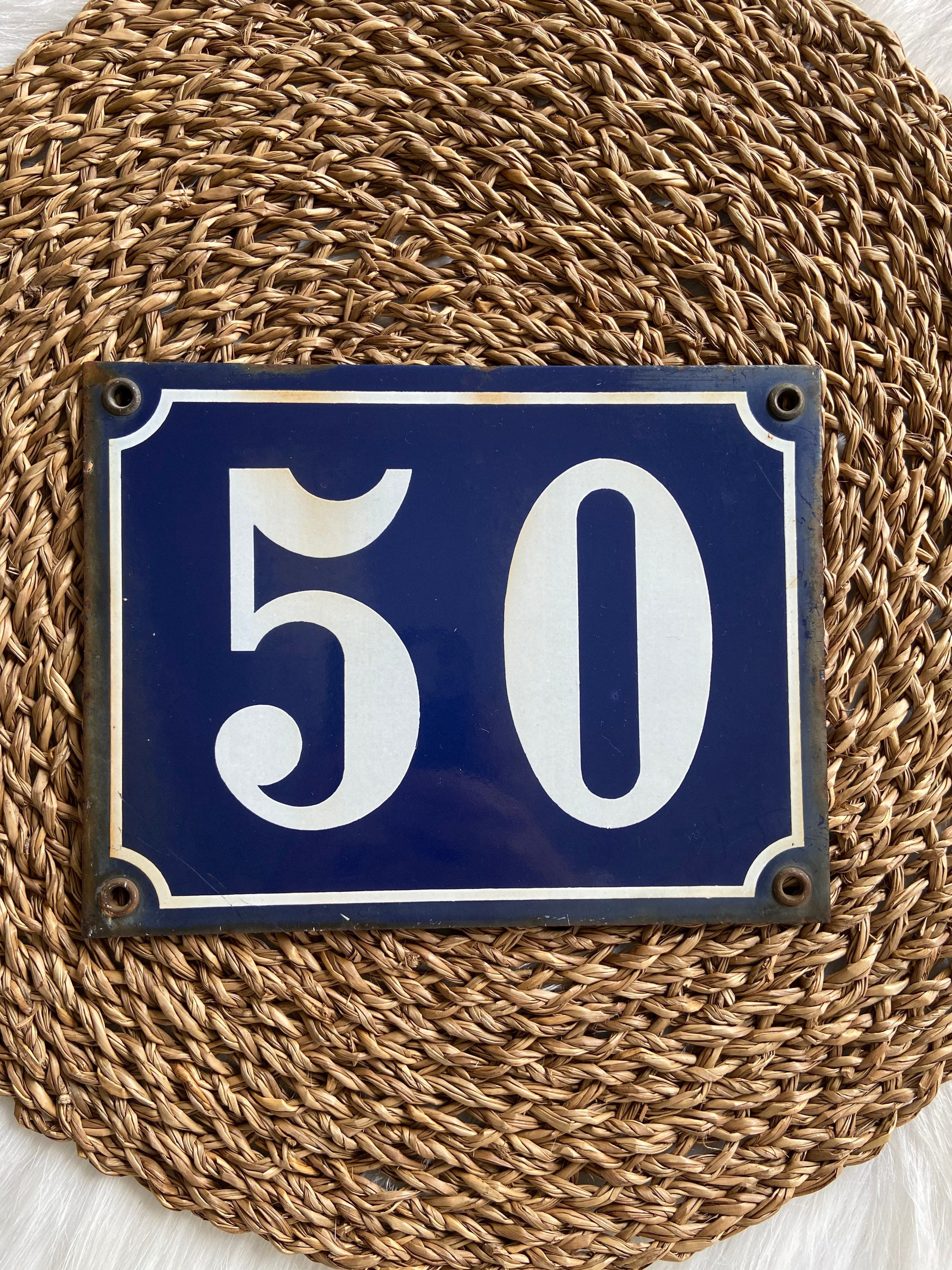 Grand Numéro Français Maison 50 - en Métal Français'émail Vintage No Plaque de Bleu et Blanc